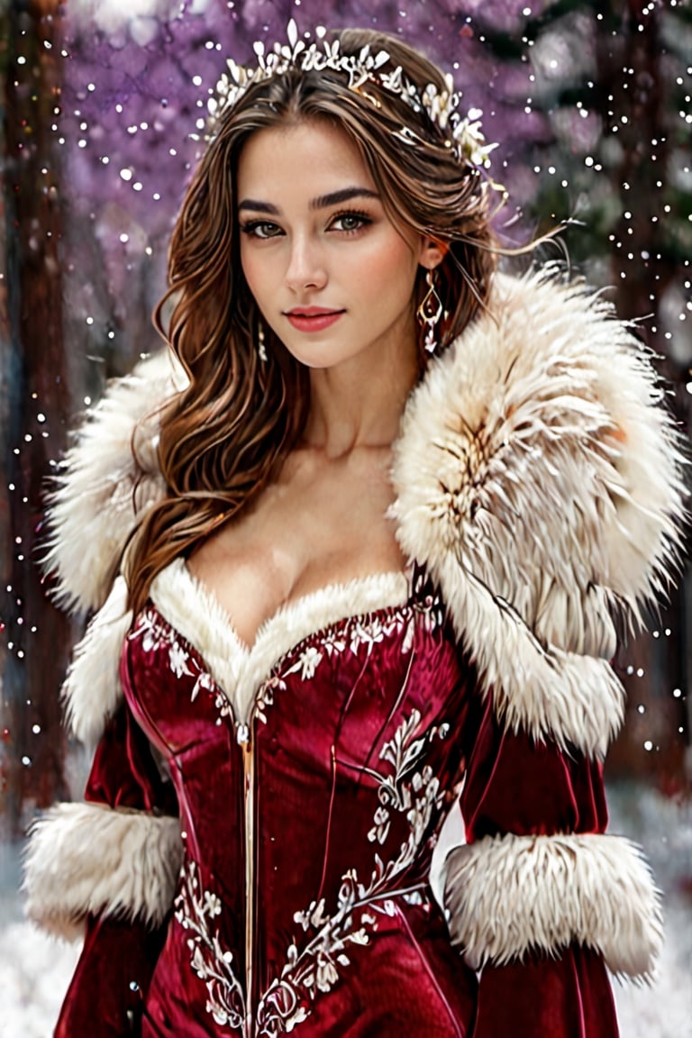 Charming portrait of a beautiful young woman with long ash-brown hair, full body, medium breasts, looking at viewer. Clear artifact-free face, beautiful realistic violet eyes, wearing sexy tight red and white translucent dress, ((model pose)), fur trim, wide sleeves, gloves, jacket, medium perky breasts, all over violet Halo, (she looks at the viewer and smiles: 1, 4), darker bokeh background, high detail, photo, Anna Dittman, Botticelli, Picasso, Casper David Ver Watercolor by Ridrich, Megan Duncanson, Didier Lorenzo and Daniel Merriam, highly detailed, intricate, empire color, film post-processing, Miki Asai macro photography, close-up, hyper-detailed, artstation trends, clear Focus, Studio Photo, Intricate Details, Highly Detailed, By: greg rutkowski,LinkGirl