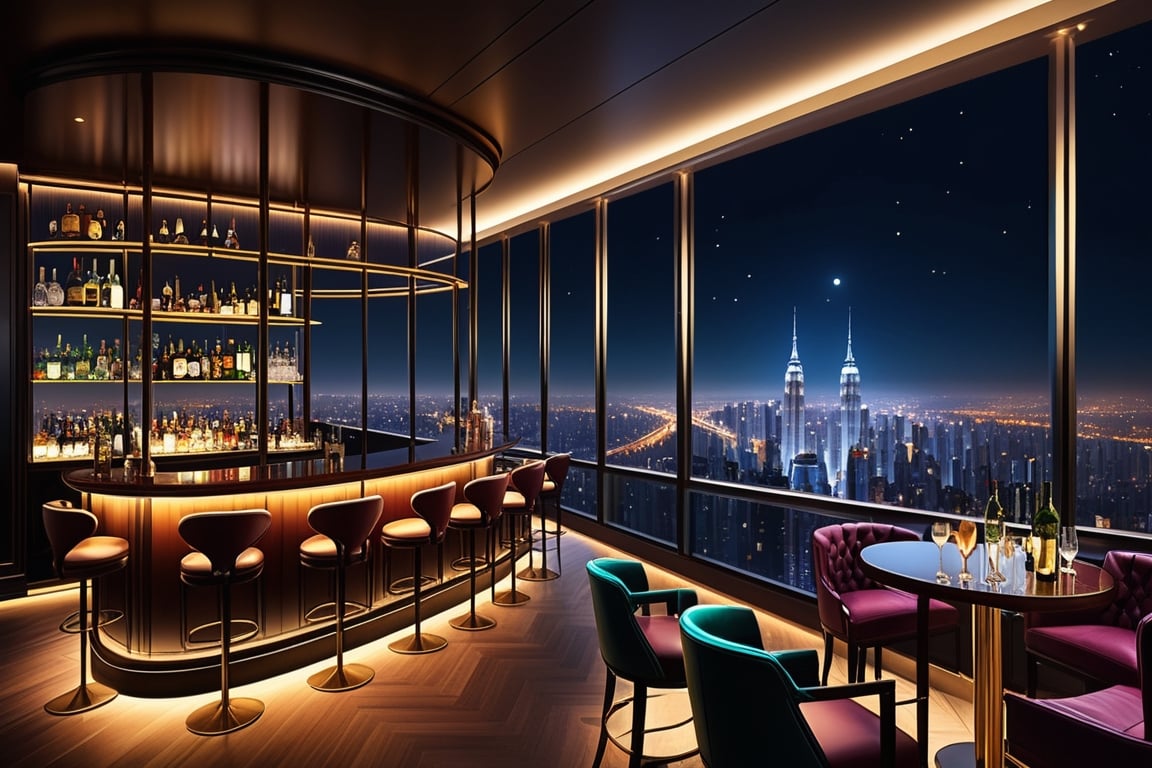 A high-end bar on a high building, overlooking the night scene outside, real, realistic,