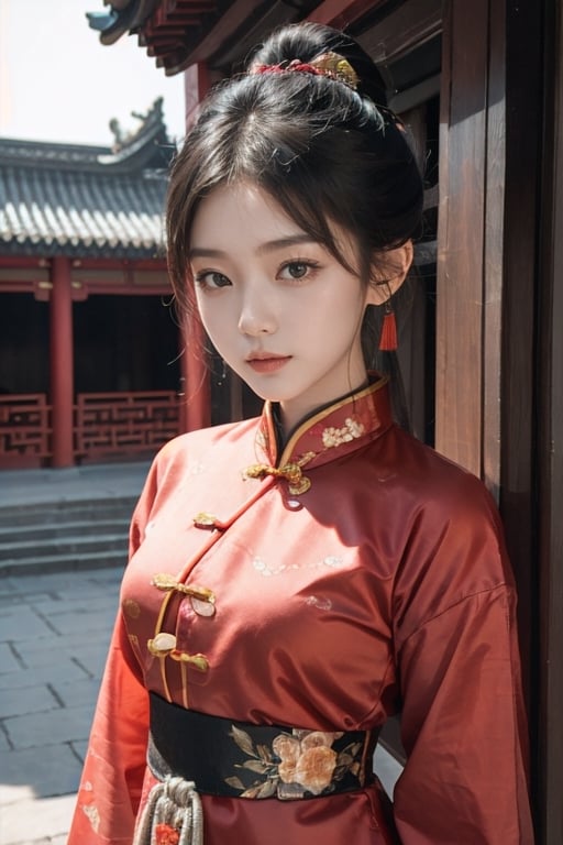 (masterpiece*high detailed*highres), (portrait shot), sharp focus, soft lighting, young chinese woman, chinese traditional dress, black hair, chinese traditional house in the background,