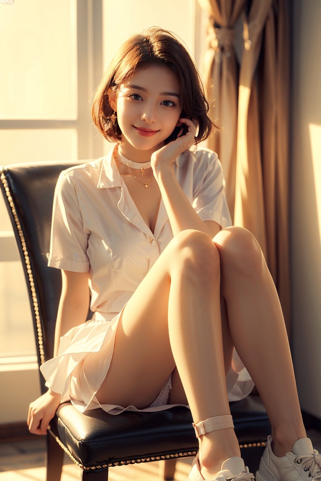 (masterpiece, top quality, best quality,1girls,Korean, beautiful face, smile, 19 years old, sitting on a chair, shorthair, mini_skirt, big_tits, no socks, more realistic, more exposure, art gallery, exposed_panties, up-skirt, white sneakers, black choker, long leg, 