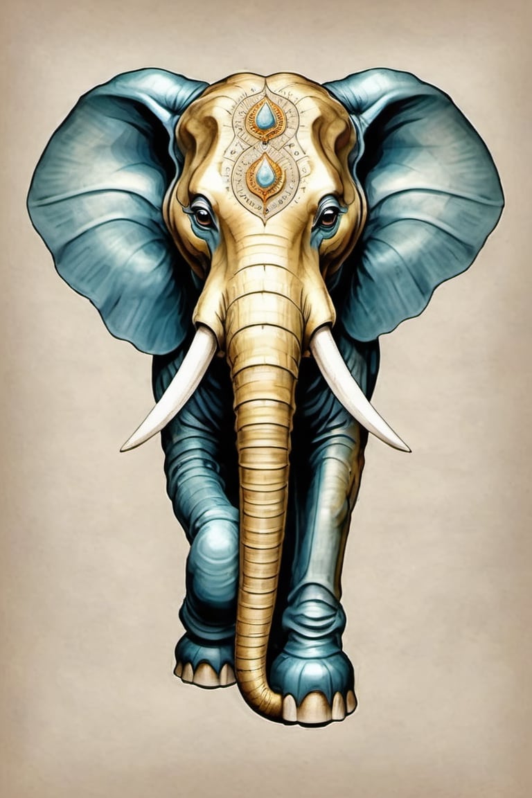 Create an image of a mascot that draws inspiration from a biomechanical elephant, featuring a fusion of organic and metallic components, emit mesmerizing fractal designs. Bright background, Elegant, sophisticated, intricate line work, ornate details, muted color scheme. Art and mathematics fusion, hyper detailed, trending at artstation, sharp focus, studio photography, intricate detail, highly detailed, centered, perfect symmetrical, plain design,tshirt design,8k,high_resolution,on parchment,p1c4ss0
