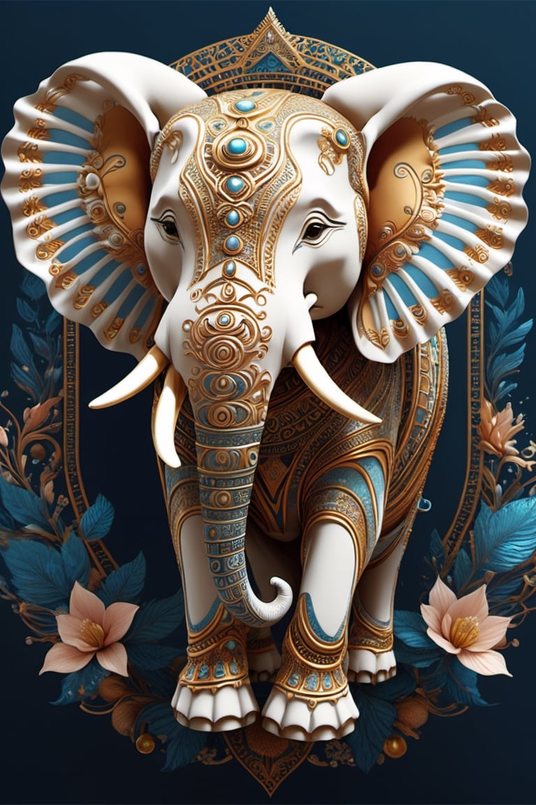 Create an image of a mascot that draws inspiration from a biomechanical elephant, featuring a fusion of organic and metallic components, emit mesmerizing fractal designs. Bright background, Elegant, sophisticated, intricate line work, ornate details, muted color scheme. Art and mathematics fusion, hyper detailed, trending at artstation, sharp focus, studio photography, intricate detail, highly detailed, centered, perfect symmetrical, plain design,tshirt design,8k,high_resolution,