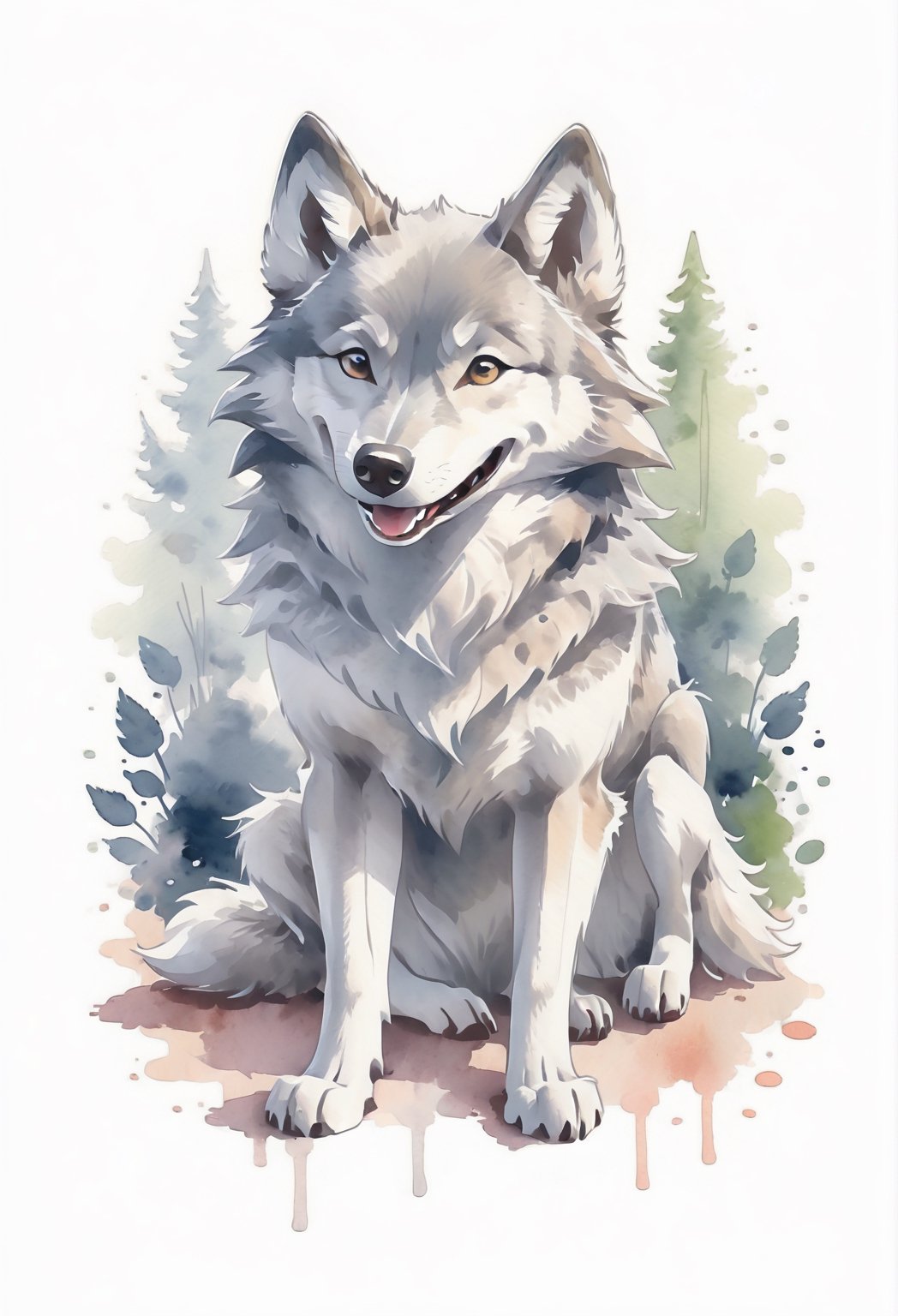 a  cute wolfdog , smiling,watercolor, white background,(full_body:1.9)