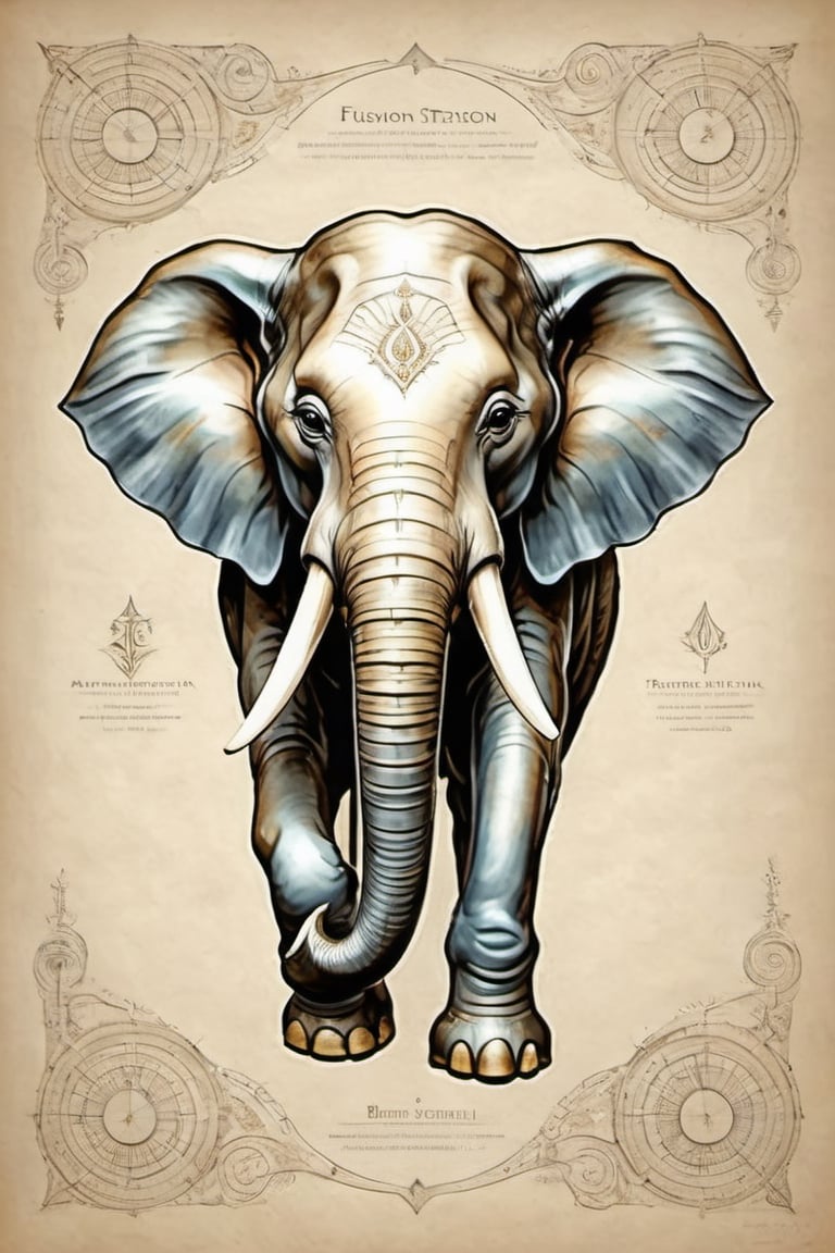 Create an image of a mascot that draws inspiration from a biomechanical elephant, featuring a fusion of organic and metallic components, emit mesmerizing fractal designs. Bright background, Elegant, sophisticated, intricate line work, ornate details, muted color scheme. Art and mathematics fusion, hyper detailed, trending at artstation, sharp focus, studio photography, intricate detail, highly detailed, centered, perfect symmetrical, plain design,tshirt design,8k,high_resolution,on parchment,p1c4ss0