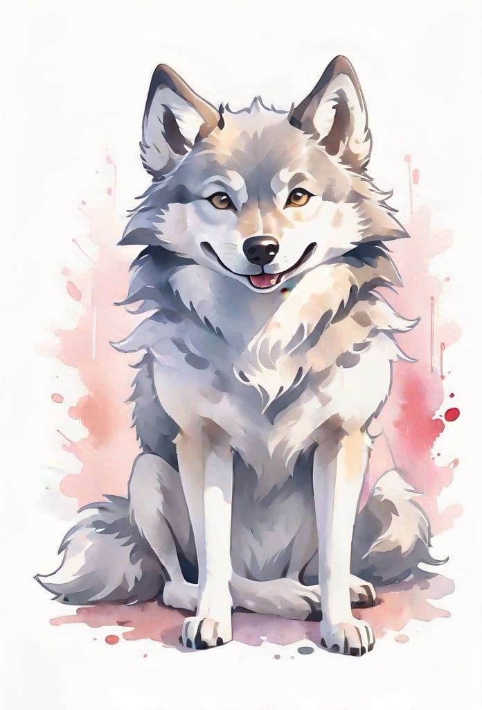 a  cute wolfdog , smiling,watercolor, white background,(full_body:1.9)