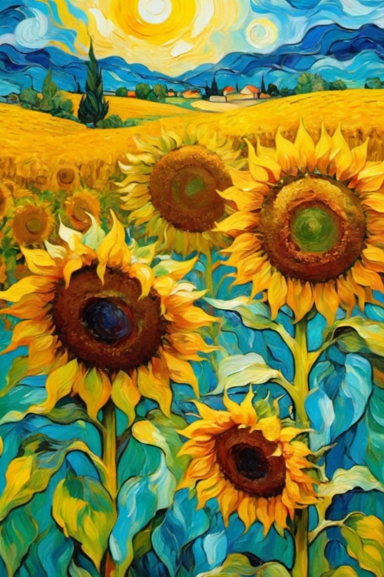 Oil painting, Van Gogh style, coloring, Abstract, abstract background, ​masterpiece, Best quality at best, Ultra Detail Wallpapers, gaffer, cornfield, wood, sao, Surreal dreamscape, ((sunflower)), natta, 4k