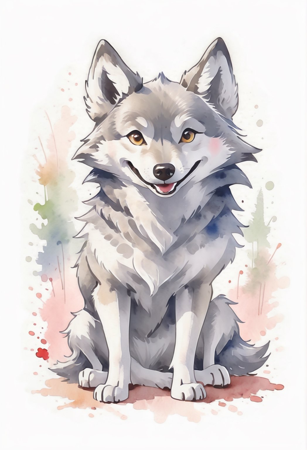 a  cute wolfdog , smiling,watercolor, white background,(full_body:1.9)
