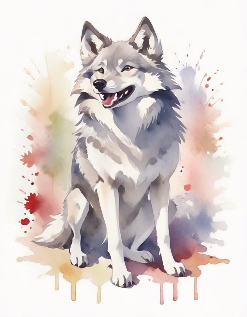 a  wolfdog , smiling,watercolor, white background,(full_body:1.9)