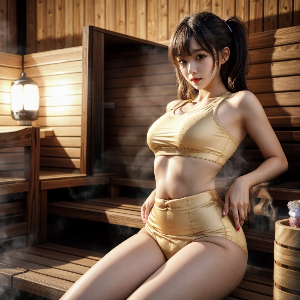 ((1 girl)),(sports bra),(lolita fashion),(sauna), high resolution,(masterpiece),(best quality),(8K raw photo), realistic,(Student),((slim)),(sexy legs),(color nails),((tiny breasts)),(thin waist),(camel toe),(hyper extreme detailed body), shiny skin