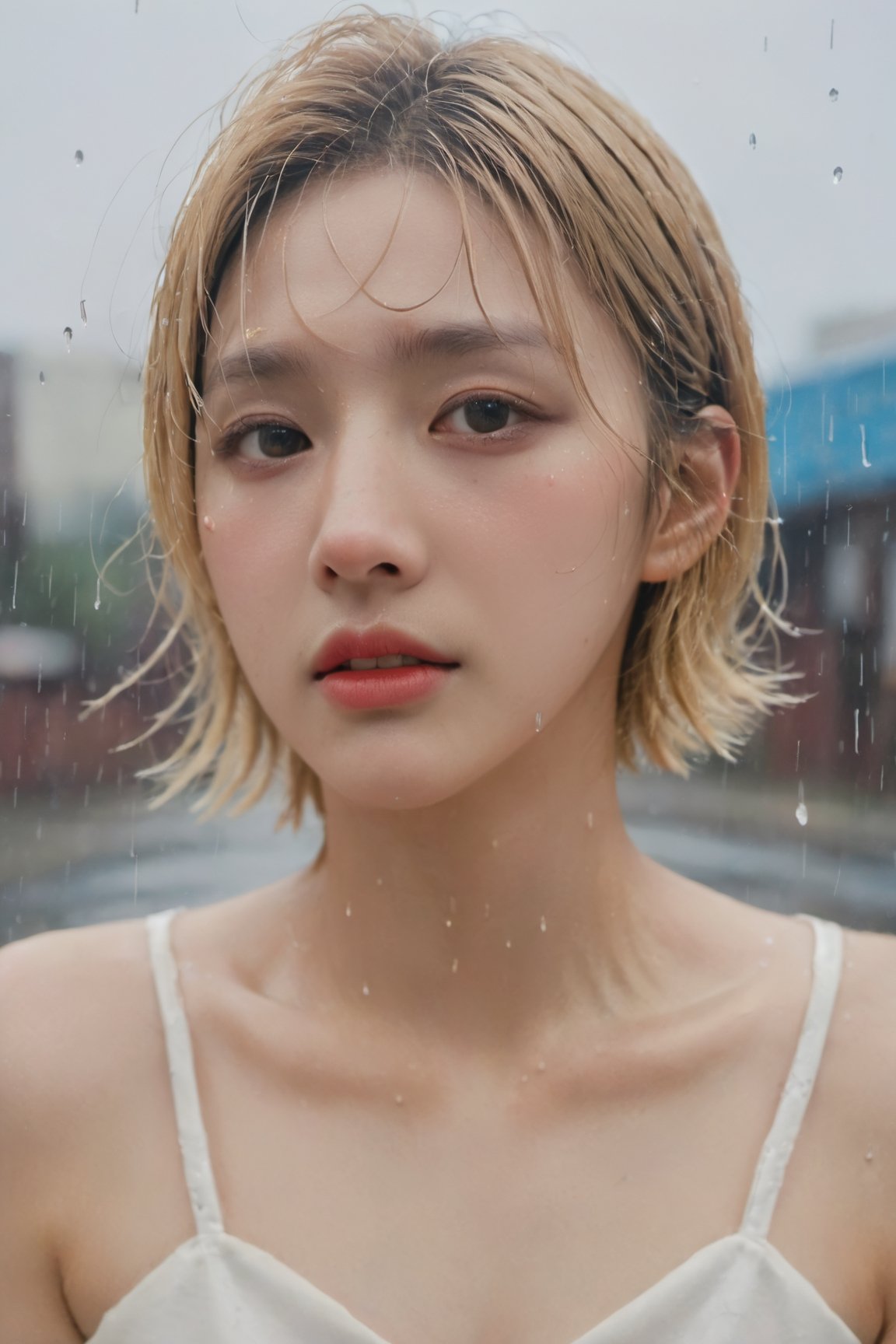 1 girl, xxmixgirl, cry, tear, (wet white dress), feeling sad, stands in the rain, see through, her tears mingling with the falling raindrops, masterpiece , best quality, detailed, Highest quality, portrait,FilmGirl,korean girl, medium_breasts, short_hair, blonde_hair 