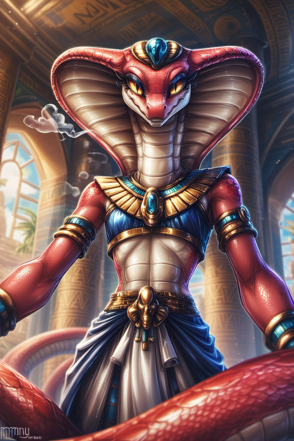 Score_9, Score_8_up, Score_7_up, volumetric_lighting, chiaroscuro_lighting, vibrant, portrait, ((naga, apode, legless)), snake, scalie, (egyptian, predatory_smile), slim_waist, flat_chest, ((expressive, thick_eyelashes, detailed_expression, teasing, steamy_breath)), view_from_below, pov, pinning_the_viewer_down, by; minus8, by: teckworks, by: 0r0ch1, by: dimwitdog, 1girl, armor, jewelry, interior, intricate, 