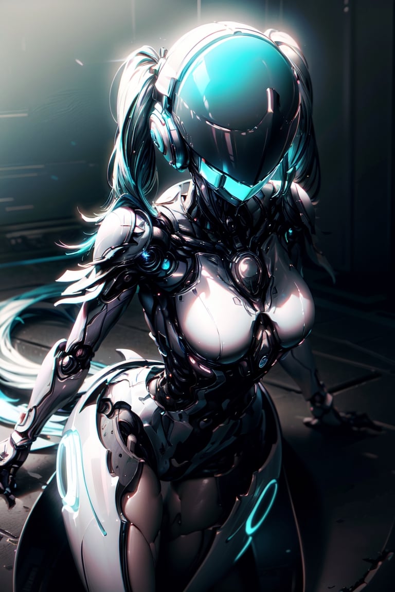 (masterpiece, best quality, volumetric lighting, absurdres, 8k, chiaroscuro lighting, Saturated_colors, intricately_detailed), robot, (twintails, slick, faceless, 1_girl, neotech, cyan_neon_trim, slick, helmet_with_blue_visor, white_metal_body), yareli, 