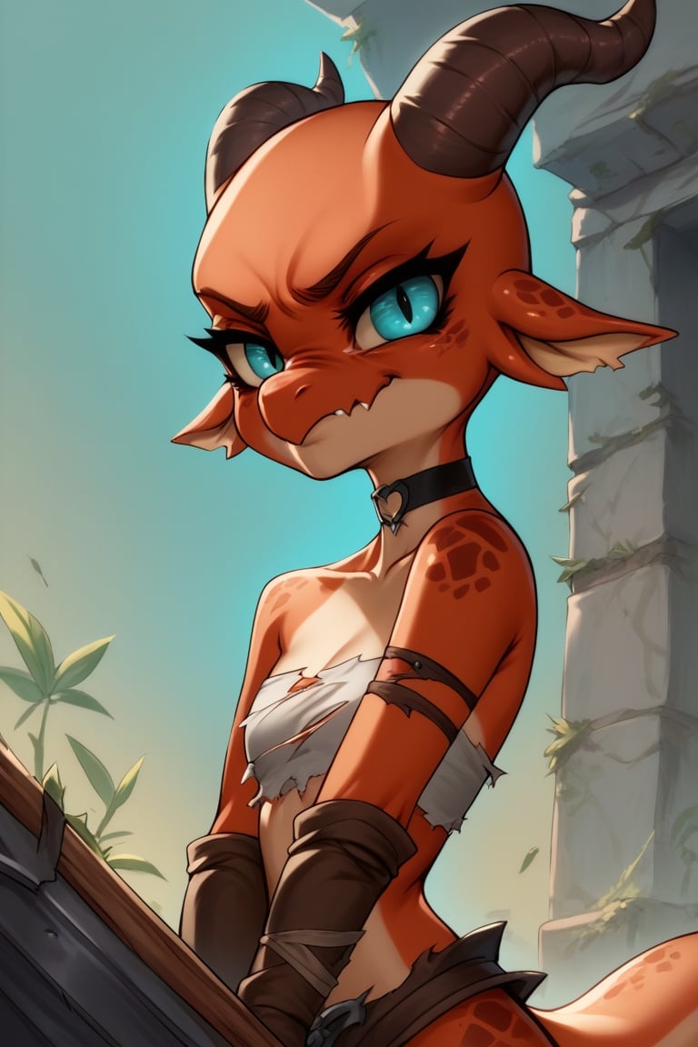 Score_9, Score_8_up, Score_7_up, volumetric_lighting, chiaroscuro_lighting, Saturated_colors, (1girl), kobold, damaged, intense_stare, defiant,  smug, tattered_outfit, choker, expressive_eyes, shortstack, skinny, (fantasy_background), flat_chest,