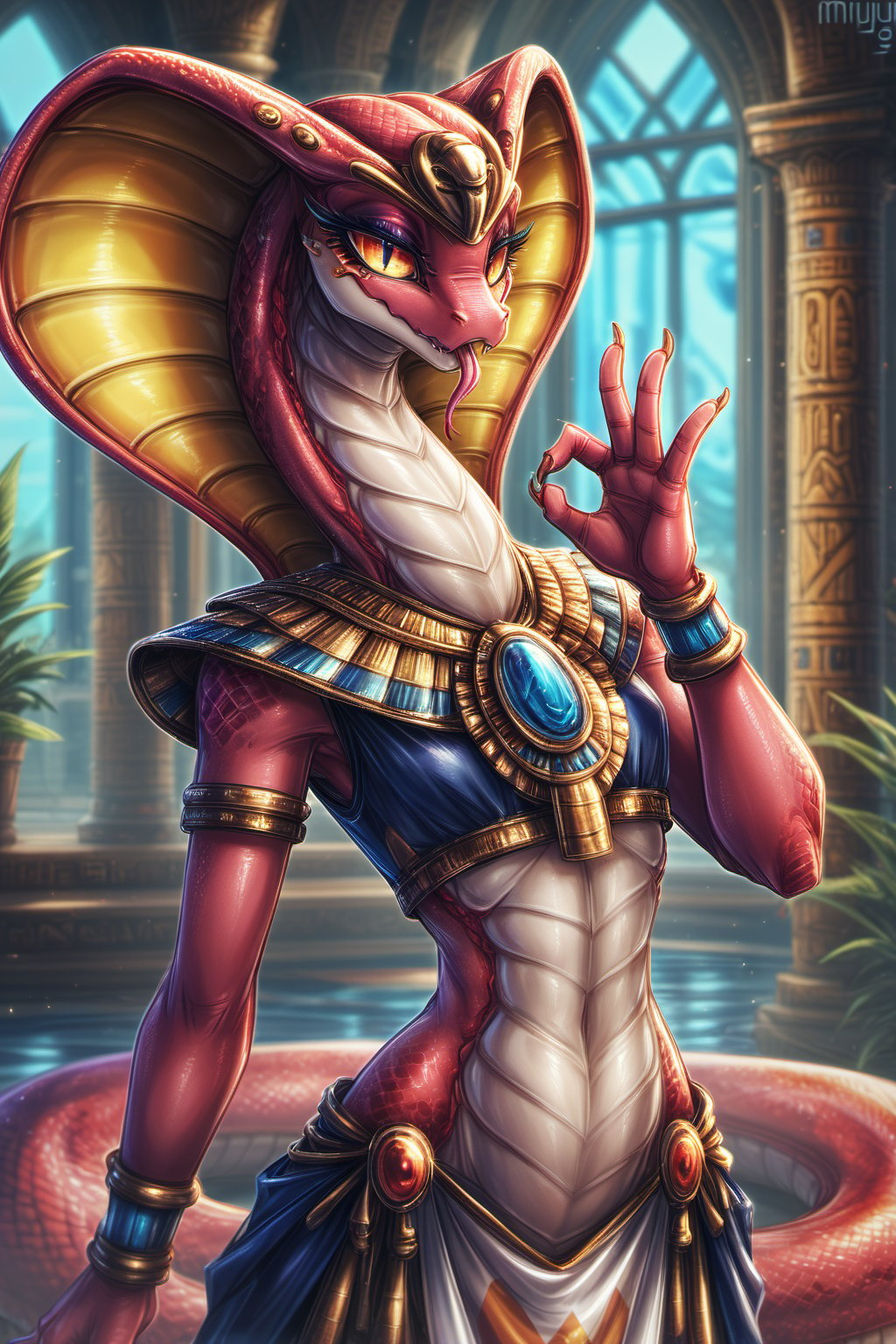 Score_9, Score_8_up, Score_7_up, hi-res, high_resolution, volumetric_lighting, chiaroscuro_lighting, vibrant, portrait, ((naga)), snake, scalie, (egyptian, sly), wide_hips, slim_waist, flat_chest, ((expressive,  thick_eyelashes, detailed_expression)), tongue_out, cute_hand_gesture, claws, by; minus8, by: teckworks, by: 0r0ch1, by: dimwitdog, 1girl, armor, jewelry, interior, intricate