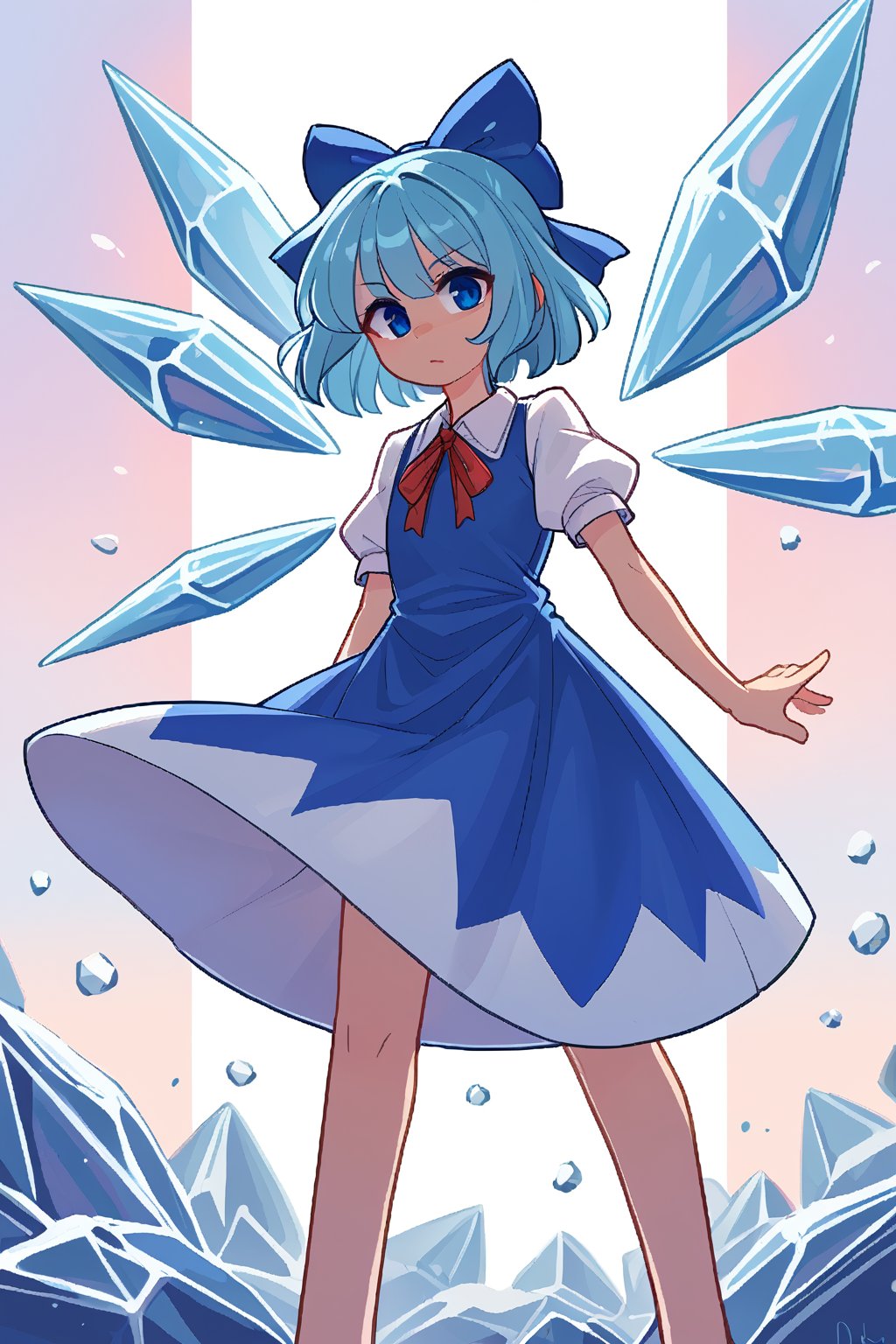 Score9, Score8up, Score7up, dramatic_lighting, shaders, 1girl, by: krekk0v, by: teckworks, by: dimwitdog, by: pixelsketcher, by: minus8, low_angle, (Cirno, petite), clear_sky,  wings, blue_eyes, dress, bow, ice_wings, blue_hair, ice, blue_dress, short_sleeves, blue_bow, short_hair, hair_bow, puffy_sleeves, red_ribbon, flat_chest, wind