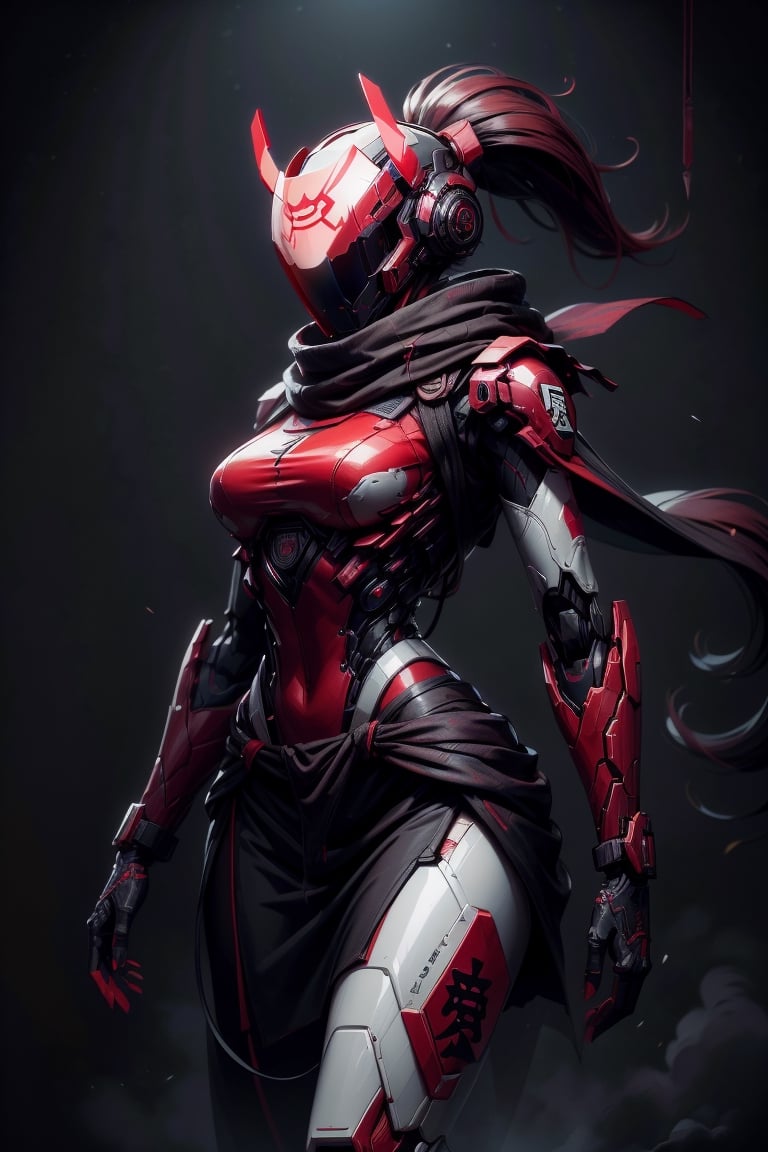 (masterpiece, best quality, volumetric lighting, absurdres, 8k, chiaroscuro lighting, Saturated_colors, intricately_detailed, Shinobitech), wide_hips, (1_girl, white_metal_body, faceless, edgerunner, robot_girl, red_neon_trim, helmet_with_red_visor, ponytail), blad4