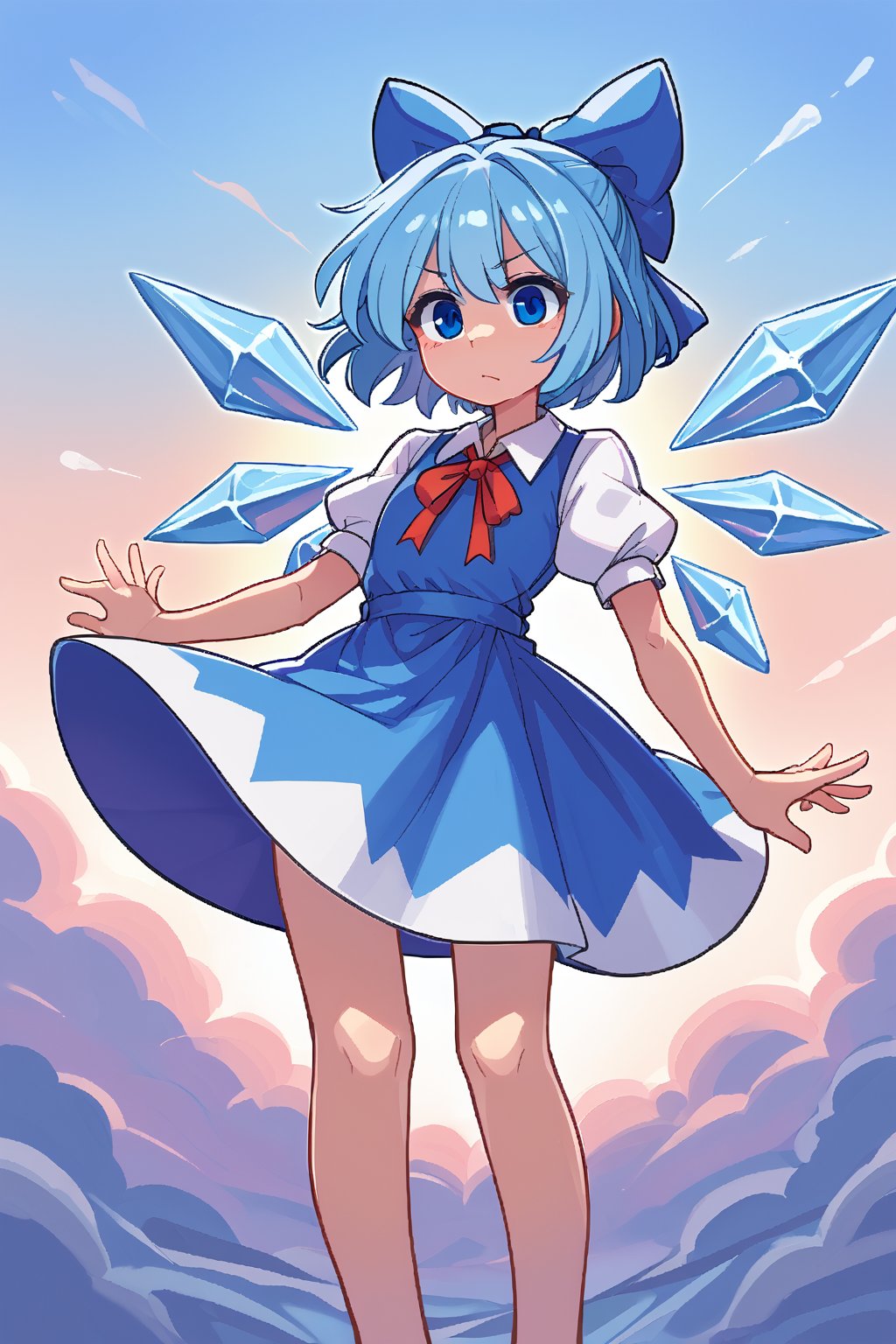 Score9, Score8up, Score7up, dramatic_lighting, shaders, 1girl, by: krekk0v, by: teckworks, by: dimwitdog, by: pixelsketcher, by: minus8, low_angle, (Cirno, petite), clear_sky,  wings, blue_eyes, dress, bow, ice_wings, blue_hair, ice, blue_dress, short_sleeves, blue_bow, short_hair, hair_bow, puffy_sleeves, red_ribbon, flat_chest, wind