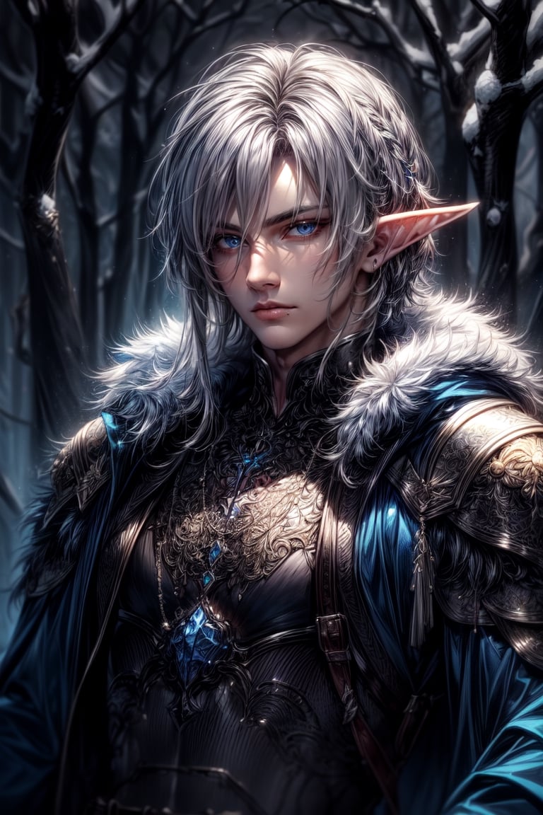 (masterpiece, best quality, Realistic, Photorealistic) extremely detailed, intricately detailed, (male, handsome, mature), elf, sharp features, regal features, (side-swept white hair), (blue leather armor with furs, blue cloth attachments, lowered hood, ammo bandolier), noble, ((silver jewlry with blue gems)), icy blue eyes, portrait, distant and somber expression, (winter forest background), chiaroscuro lighting, ray tracing, polished, high resolution, volumetric lightning, perfect lighting, More Detail,