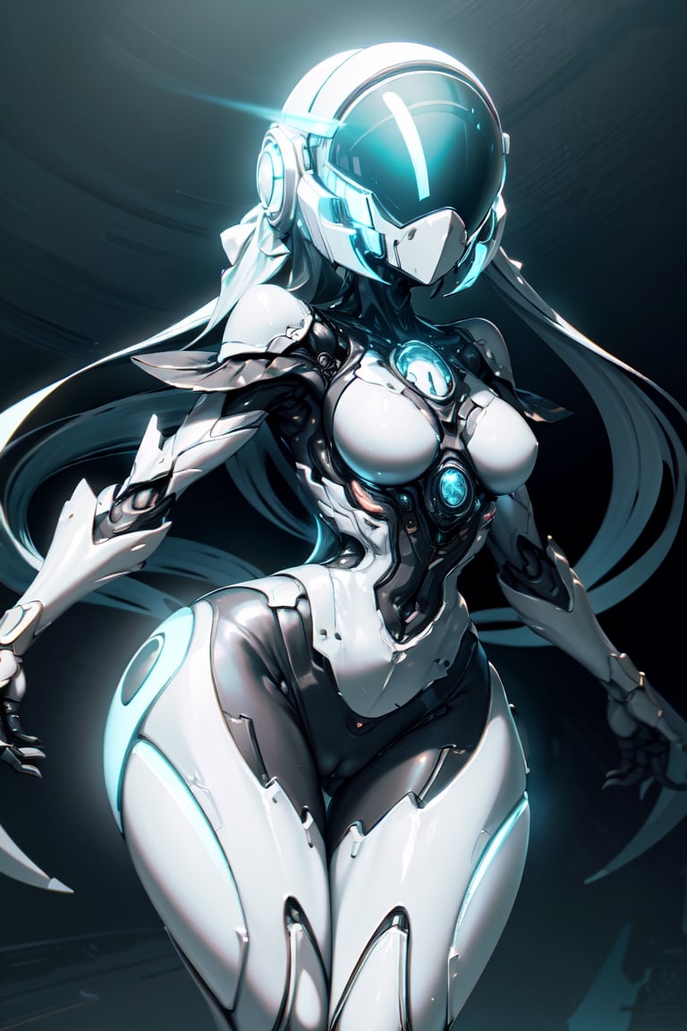 (masterpiece, best quality, volumetric lighting, absurdres, 8k, chiaroscuro lighting, Saturated_colors, intricately_detailed, neotech, slick), wide_hips, (1_girl, white_metal_body, faceless, cute, cyan_neon_trim, helmet_with_blue_visor, long_twintails,), yareli