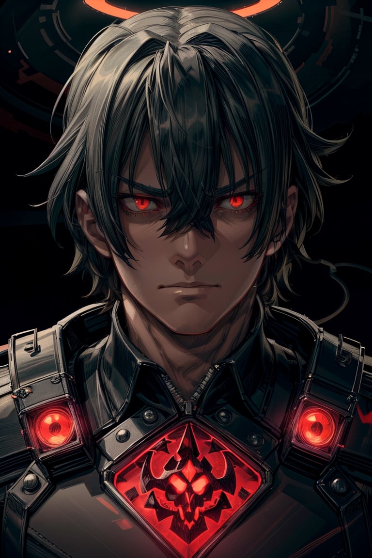 (masterpiece, best quality, extremely detailed, intricately detailed, volumetric lighting, absurdres, 8k, large_glowing_halo :1.2, chiaroscuro lighting, dramatic_shading, 1_boy), grumpy, dark hair, (glowing orange eyes :1.1,  sharp_facial_features, tactical), pale, Minato Kageaki, high detail eyes,demonictech,Minato Kageaki,masterpiece