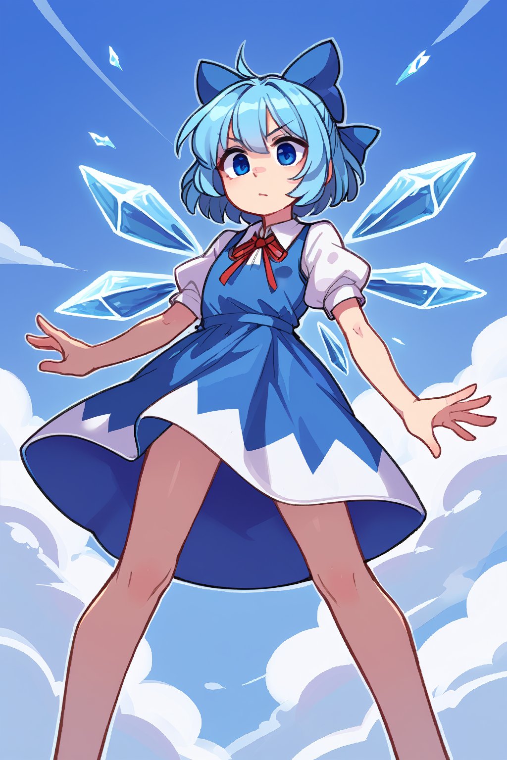 Score9, Score8up, Score7up, dramatic_lighting, shaders, 1girl, by: krekk0v, by: teckworks, by: dimwitdog, by: pixelsketcher, by: minus8, low_angle, (Cirno, petite), clear_sky,  wings, blue_eyes, dress, bow, ice_wings, blue_hair, ice, blue_dress, short_sleeves, blue_bow, short_hair, hair_bow, puffy_sleeves, red_ribbon, flat_chest, wind