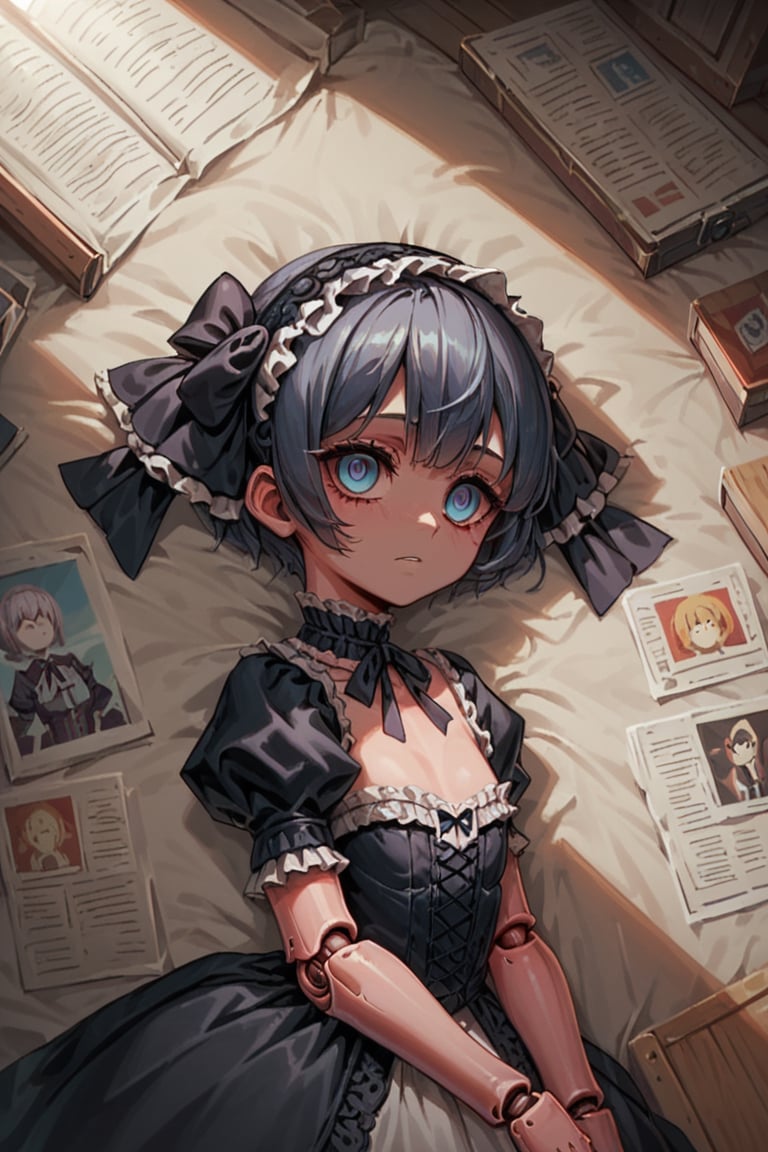 Score_9, Score_8_up, Score_7_up, volumetric_lighting, chiaroscuro_lighting, portrait, 1girl, gothic_lolita, doll_joints, expresionless, stylized_empty_eyes, dark_room_scenery, petite, laying_on_coach