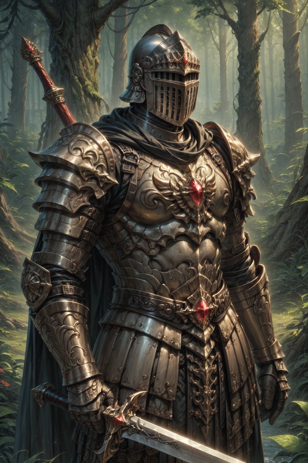 Score_9, Score_8_up, Score_7_up, volumetric_lighting, captivating,  (chitin_armor, stylised), man, intricate, knight, helmet, scorpion_theme, red_gem_decorations, cloak, forest, solo, holding, posing_with_a_sword