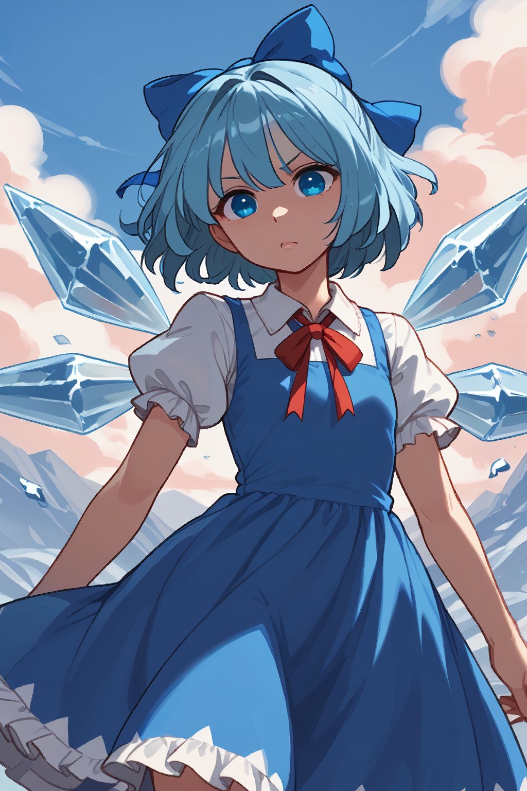 Score9, Score8up, Score7up, dramatic_lighting, shaders, 1girl, by: krekk0v, by: teckworks, by: dimwitdog, by: pixelsketcher, by: minus8, cinematic_angle, (Cirno, petite), cute, clear_sky,  wings, blue_eyes, dress, bow, ice_wings, blue_hair, ice, blue_dress, short_sleeves, blue_bow, short_hair, hair_bow, puffy_sleeves, red_ribbon, flat_chest, stare, looking_at_viewer, wind