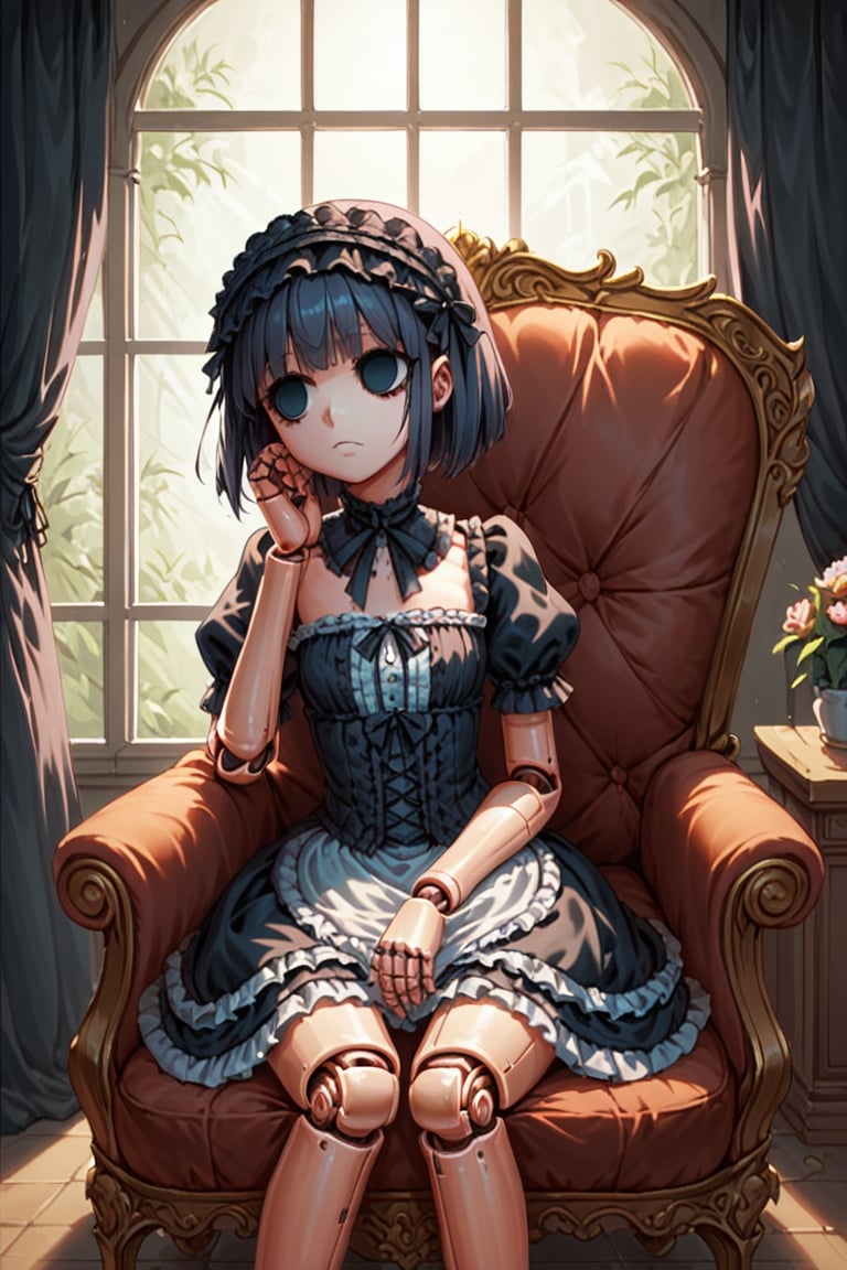 Score_9, Score_8_up, Score_7_up, volumetric_lighting, chiaroscuro_lighting, portrait, 1girl, gothic_lolita, doll_joints, expresionless, empty_eyes, dark_room_scenery, petite, sitting_in_armchair