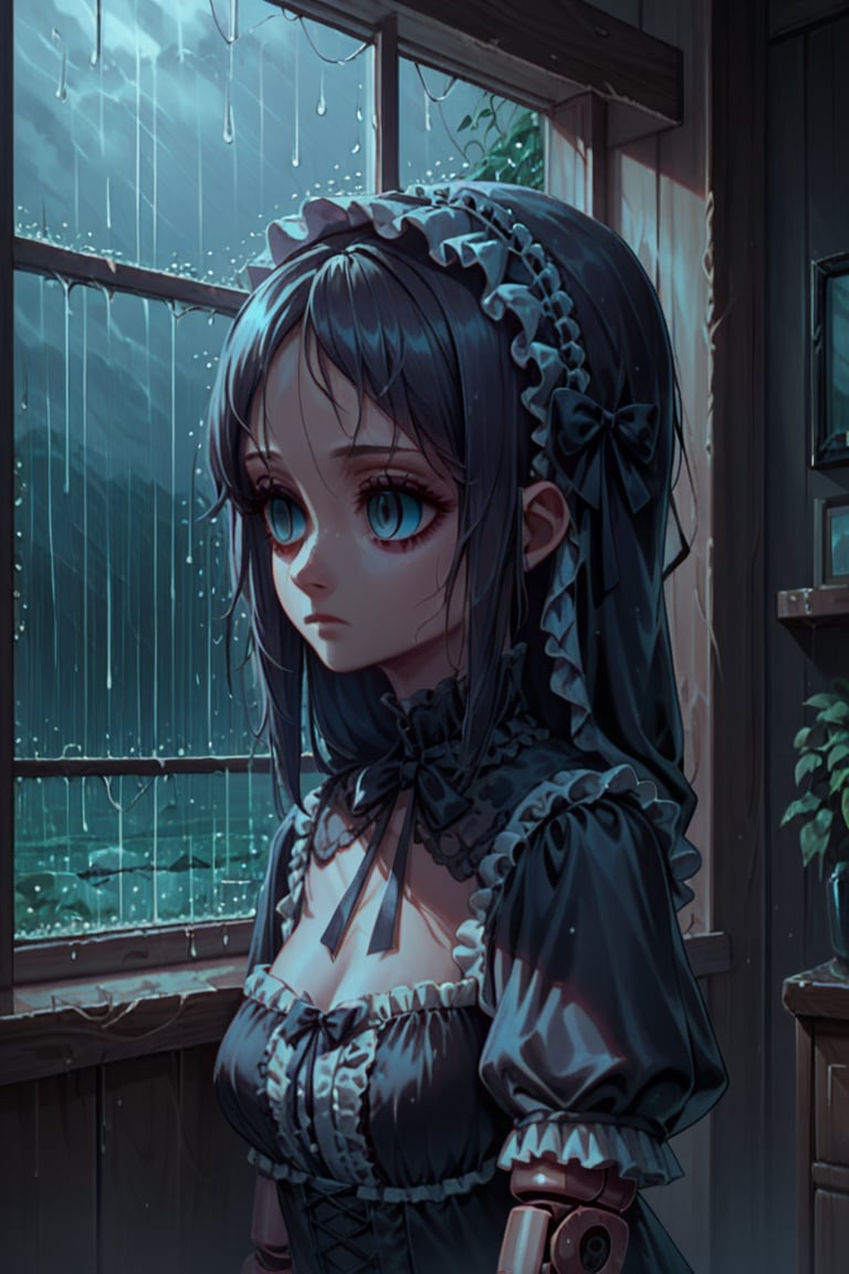 Score_9, Score_8_up, Score_7_up,volumetric_lighting, chiaroscuro_lighting, 1_girl, portrait, gothic_lolita, (doll_joints, empty_eyes, expressionless), dark_room_scenery, rain_behind_window, 