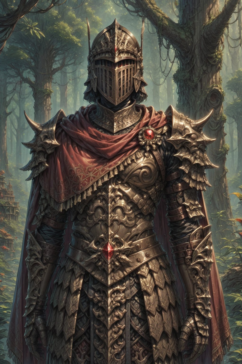 Score_9, Score_8_up, Score_7_up, volumetric_lighting, captivating,  (chitin_armor, scorpion_theme, stylised) intricate,, knight, helmet, red_gem_decorations, cloak, forest, solo, intricate, visor