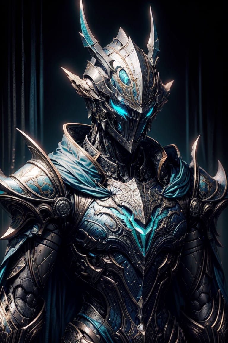 (masterpiece, best_quality, volumetric_lighting, absurdres, 8k, chiaroscuro_lighting, ray_tracing, intricately_detailed), ((portrait)), WARFRAME, (((robot, knight)), (((wizard))), 1_boy, (Steel_armor, cyan_trim, blue_cloth attachments :1.2, blue_cloak), glowing_cyan_eyes, 