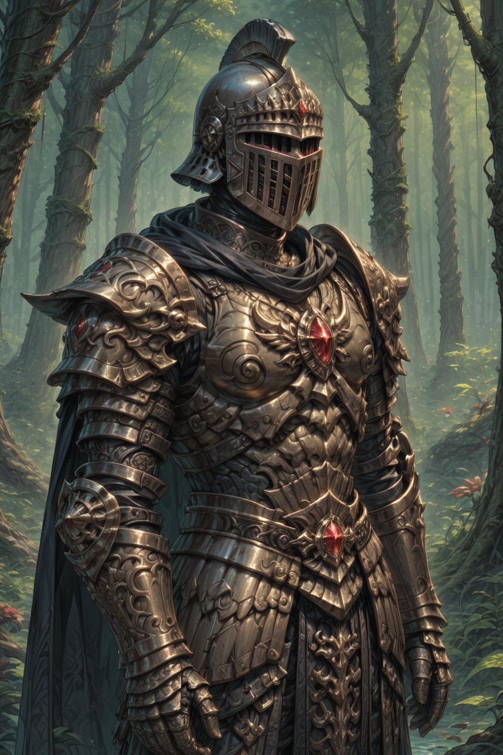 Score_9, Score_8_up, Score_7_up, volumetric_lighting, captivating,  (chitin_armor, stylised) intricate,, knight, helmet, scorpion_theme, red_gem_decorations, cloak, forest, solo