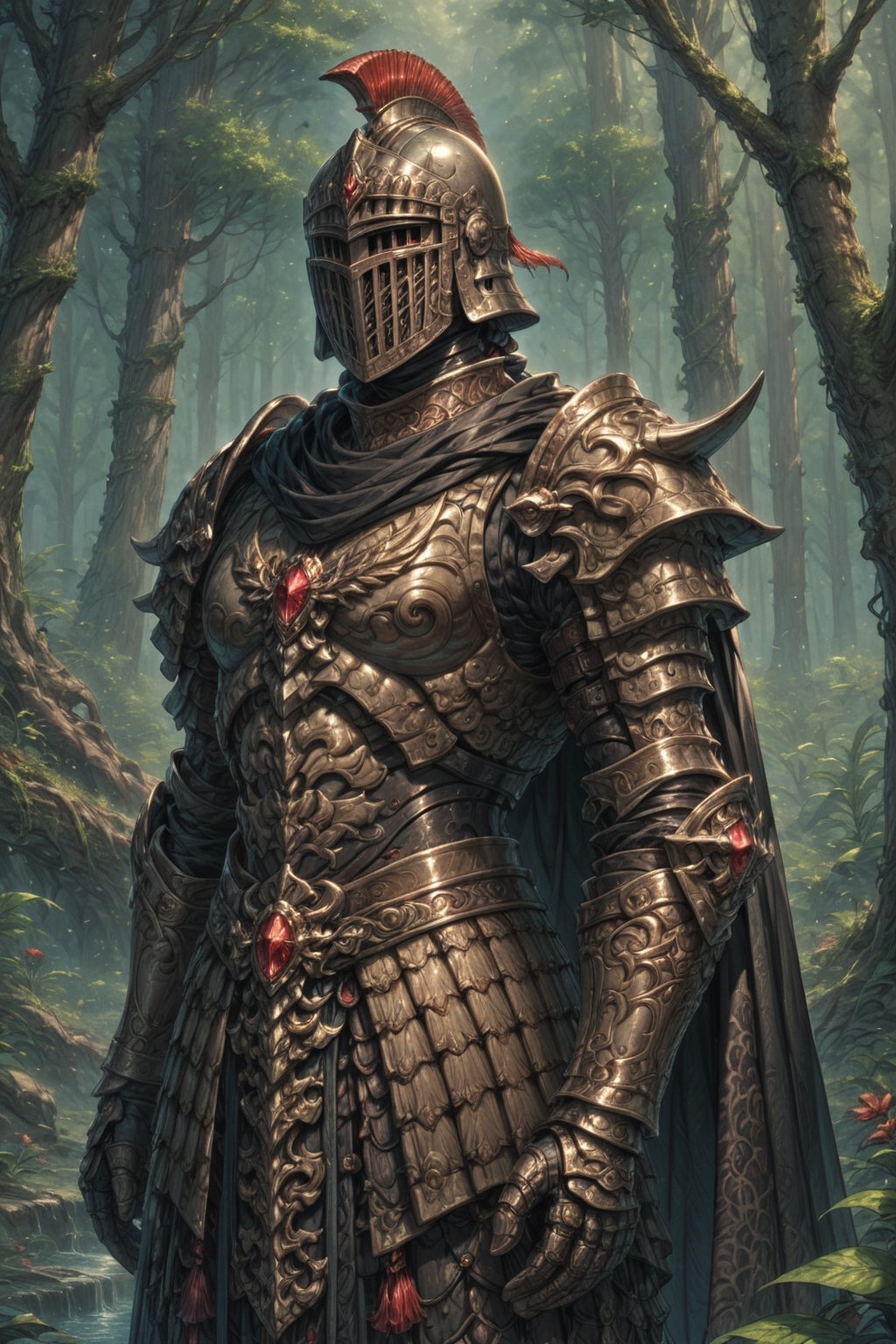 Score_9, Score_8_up, Score_7_up, volumetric_lighting, captivating,  (chitin_armor, scorpion_theme, stylised) intricate,, knight, helmet, red_gem_decorations, cloak, forest, solo, intricate,