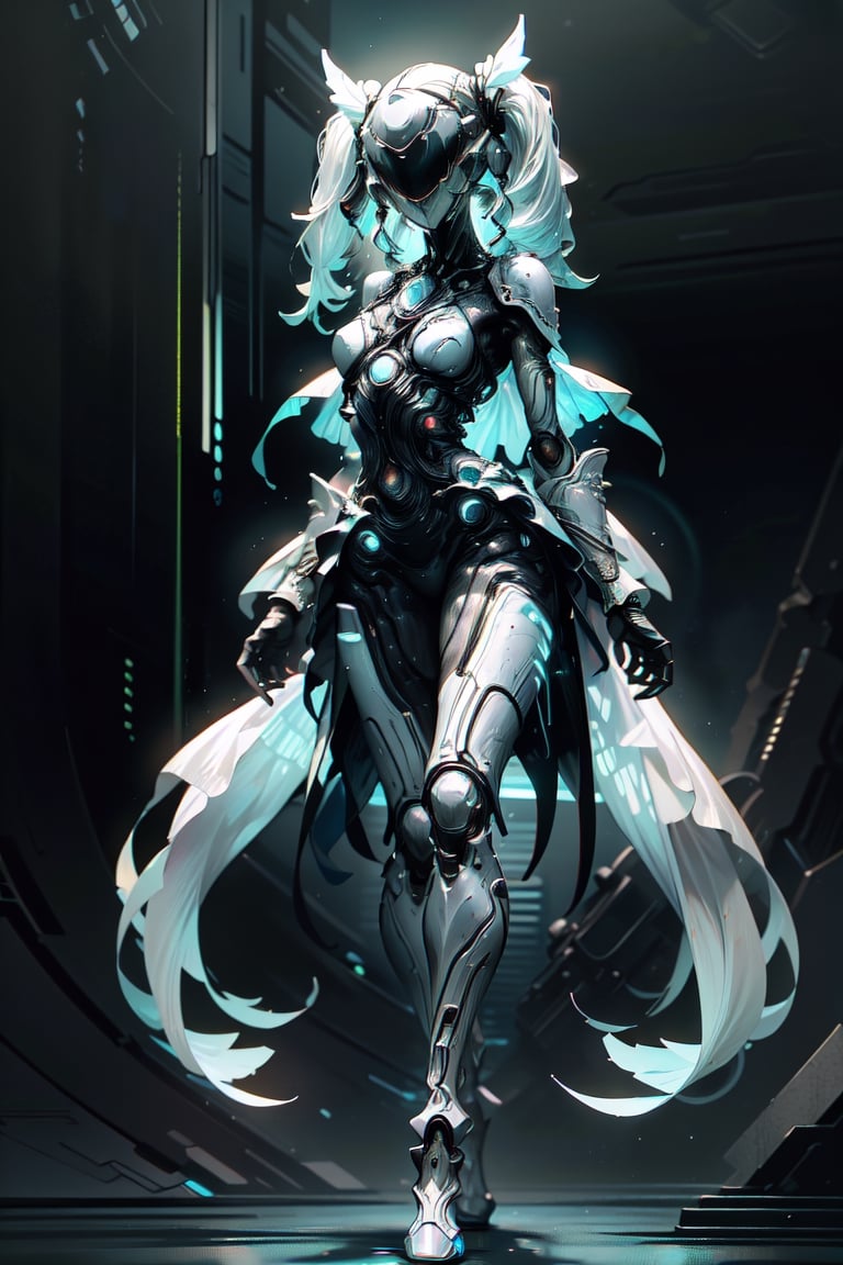 (masterpiece, best quality, volumetric lighting, absurdres, 8k, chiaroscuro lighting, Saturated_colors, intricately_detailed, neotech), ((slick)), wide_hips, (1_girl, white_metal_body, faceless, cute, cyan_neon_trim, helmet_with_blue_visor, long_twintails,), yareli, Style_SM