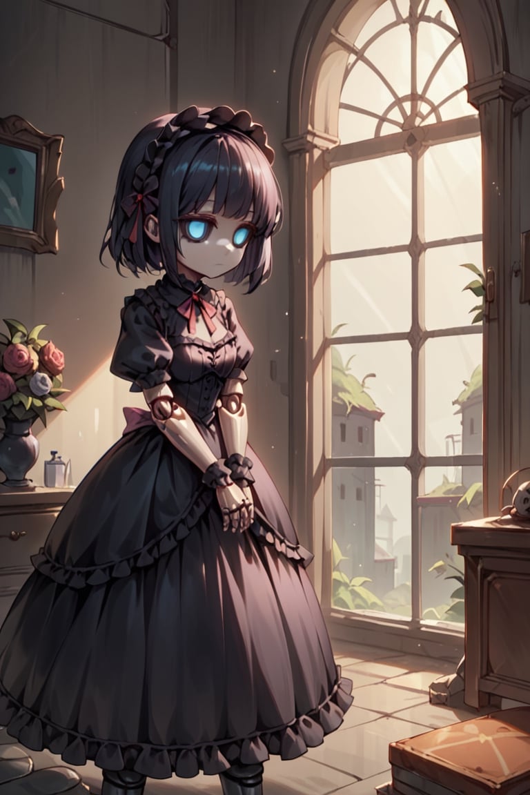 Score_9, Score_8_up, Score_7_up,volumetric_lighting, chiaroscuro_lighting, 1_girl, gothic_lolita, (doll_joints, stylized_empty_eyes, expressionless), dark_room_scenery, 