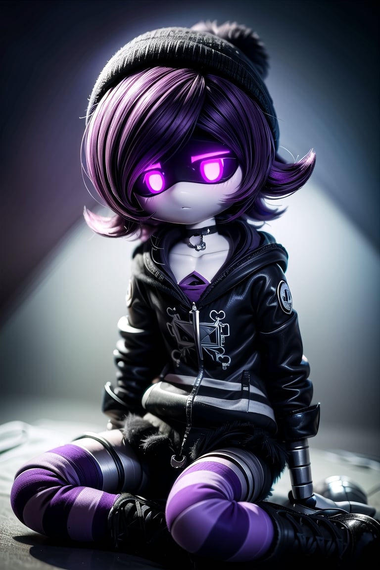 Score_9, Score_8_up, (masterpiece, best_quality, volumetric_lighting, absurdres, 8k, chiaroscuro_lighting, Saturated_colors), (white_metal_skin, black_fiberglass_visor_with_holographic_purple_eyes),  purple hair, black hat, beanie, bangs, necklace, jewelry, short hair, choker, shorts, skirt, black_hoodie, shiny, collarbone, black_and_purple_striped_high_socks, Uzi,