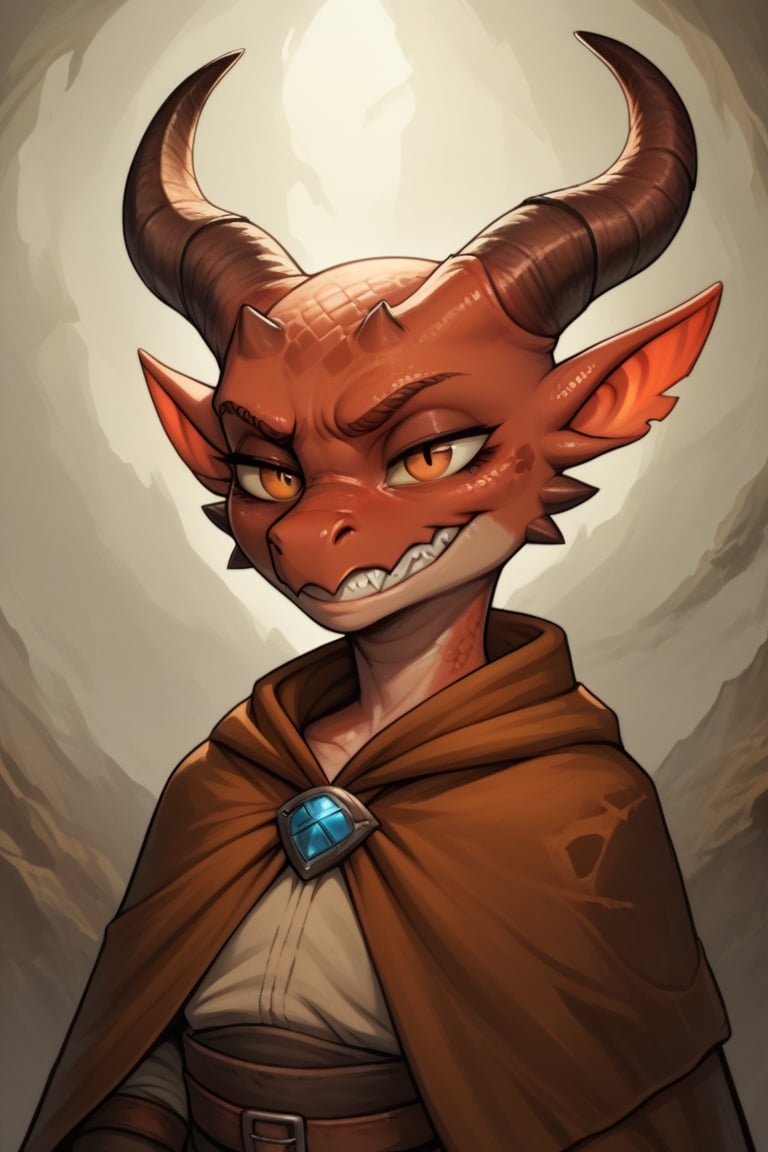 Score_9, Score_8_up, Score_7_up, volumetric_lighting, chiaroscuro_lighting, Saturated_colors, (portrait), 1girl, kobold, copper_scales, damaged_horns, intense_stare, evil_grin, smug, earless, tattered_warlock_outfit, [short_cloak] expressive_eyes, shortstack, skinny, (fantasy_background), flat_chest, (realistic), extremely_detailed