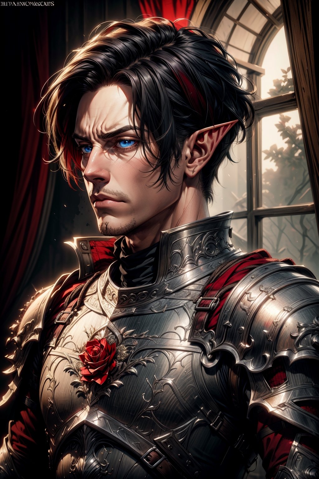 (masterpiece, best quality, extremely detailed, intricately detailed, photo-realistic, absurdres, elf, pale, 1_boy), chiaroscuro lighting, ray tracing, polished, high resolution, volumetric lighting, ((red accents, maroon attachments, intricate cuirass, black hair)), tired blue eyes, eyeshadow, frowning handsome face, perfect hands,  More Detail,feitan,Levi Ackerman,