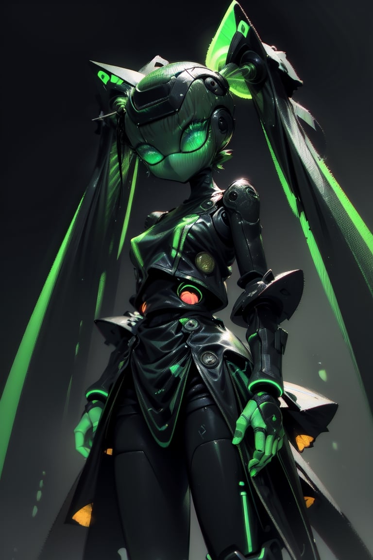 (masterpiece, best quality, volumetric lighting, absurdres, 8k, chiaroscuro lighting, Saturated_colors), robot, (slick_metal_body, green_neon_trim, 1_girl, sharp, drossel, blush), ((vibrant_bioluminescent_twintails)), ((efx, bright_solid_green_eyes))