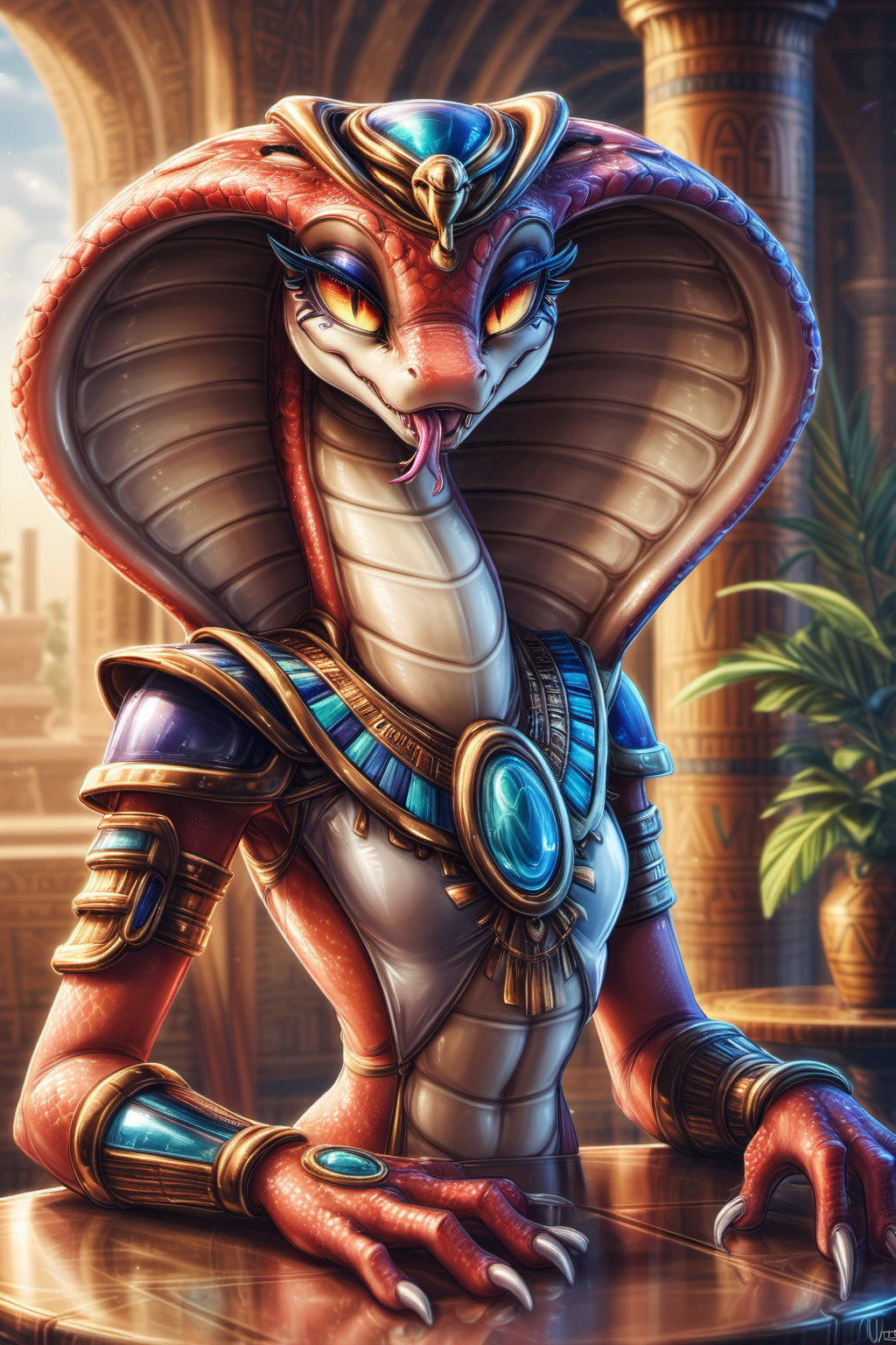 Score_9, Score_8_up, Score_7_up, hi-res, high_resolution, volumetric_lighting, chiaroscuro_lighting, vibrant, portrait, ((naga)), snake, scalie, (egyptian, sly), slim_waist, flat_chest, ((expressive,  thick_eyelashes, detailed_expression, teasing)), on_table, tongue_out, claws, by; minus8, by: teckworks, by: 0r0ch1, by: dimwitdog, 1girl, armor, jewelry, interior, intricate