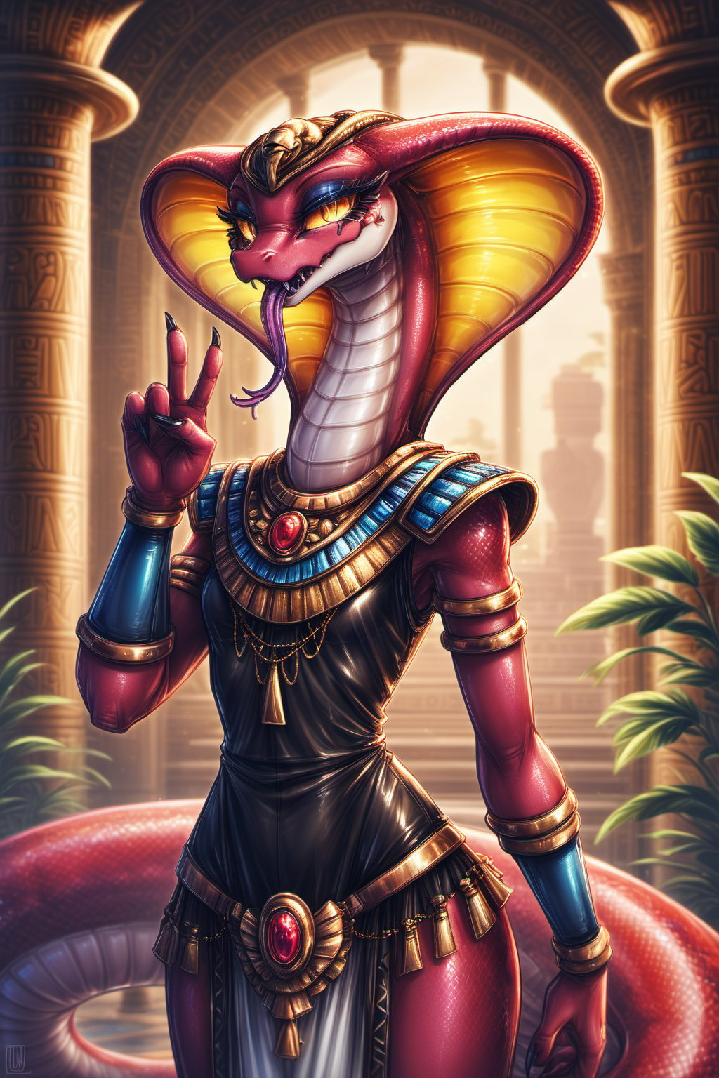 Score_9, Score_8_up, Score_7_up, hi-res, high_resolution, volumetric_lighting, chiaroscuro_lighting, vibrant, portrait, ((naga)), snake, scalie, (egyptian, sly), wide_hips, slim_waist, flat_chest, ((expressive,  thick_eyelashes, detailed_expression)), tongue_out, double_peace_signs, claws, by; minus8, by: teckworks, by: 0r0ch1, by: dimwitdog, 1girl, armor, jewelry, interior, intricate