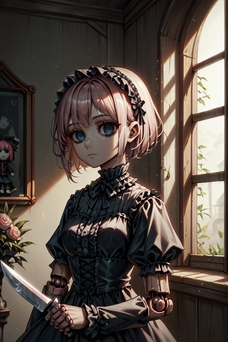 Score_9, Score_8_up, Score_7_up,volumetric_lighting, chiaroscuro_lighting, 1_girl, portrait, gothic_lolita, (doll_joints, empty_eyes, expressionless), dark_room_scenery, night_behind_window, holding_a_knife, looking_at_viewer