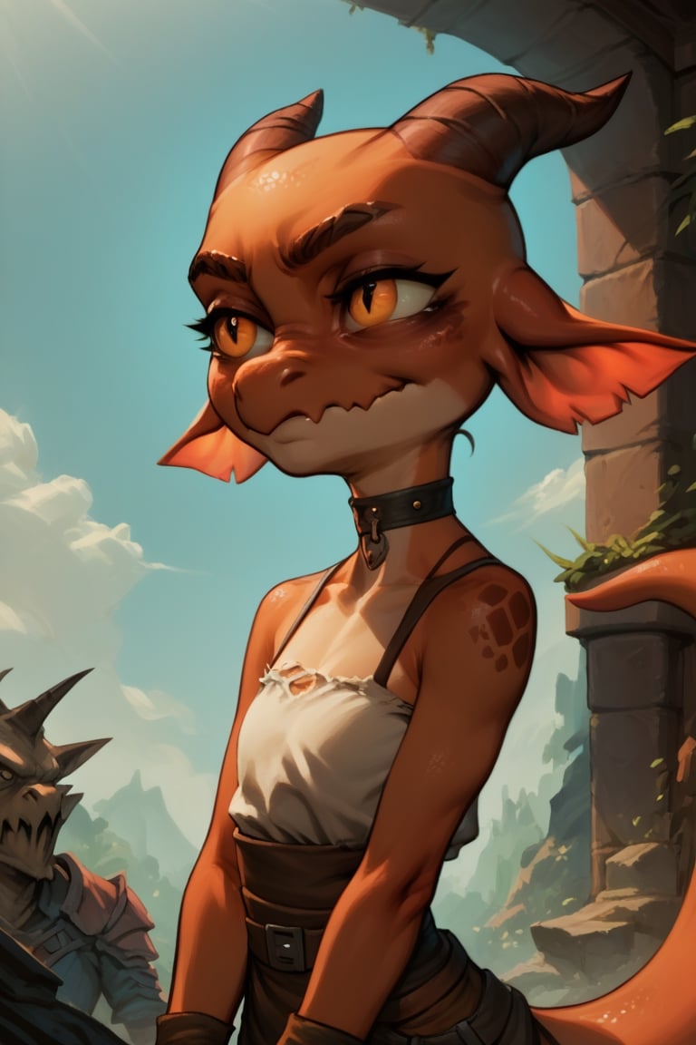 Score_9, Score_8_up, Score_7_up, volumetric_lighting, chiaroscuro_lighting, Saturated_colors, 1girl, kobold, damaged, intense_stare, defiant,  smug, tattered_outfit, choker, expressive_eyes, shortstack, skinny, (fantasy_background), flat_chest, (realistic)