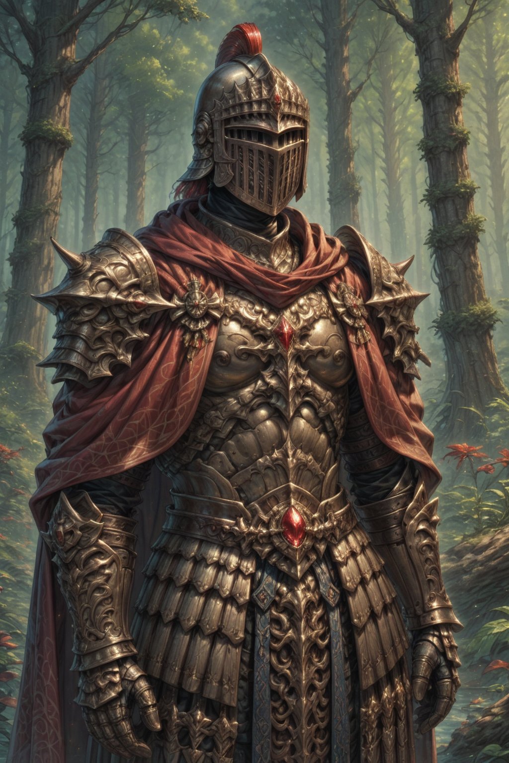 Score_9, Score_8_up, Score_7_up, volumetric_lighting, captivating,  (chitin_armor, scorpion_theme, stylised) intricate,, knight, helmet, red_gem_decorations, cloak, forest, solo, intricate