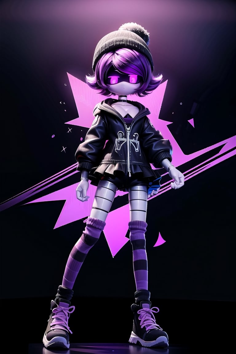 (masterpiece, best_quality, volumetric_lighting, absurdres, 8k, chiaroscuro_lighting, Saturated_colors), (white_metal_skin, black_fiberglass_visor_with_holographic_purple_eyes),  purple hair, black hat, beanie, bangs, necklace, jewelry, short hair, choker, shorts, skirt, black_hoodie, shiny, collarbone, black_and_purple_striped_high_socks, Uzi,