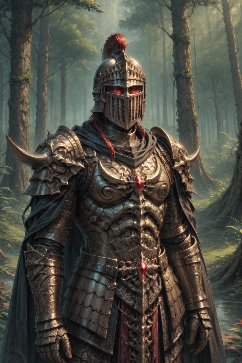 Score_9, Score_8_up, Score_7_up, volumetric_lighting, captivating,  (chitin_armor, scorpion_theme, stylised) intricate,, knight, helmet, red_gem_decorations, cloak, forest, solo, intricate, glowing_lenses