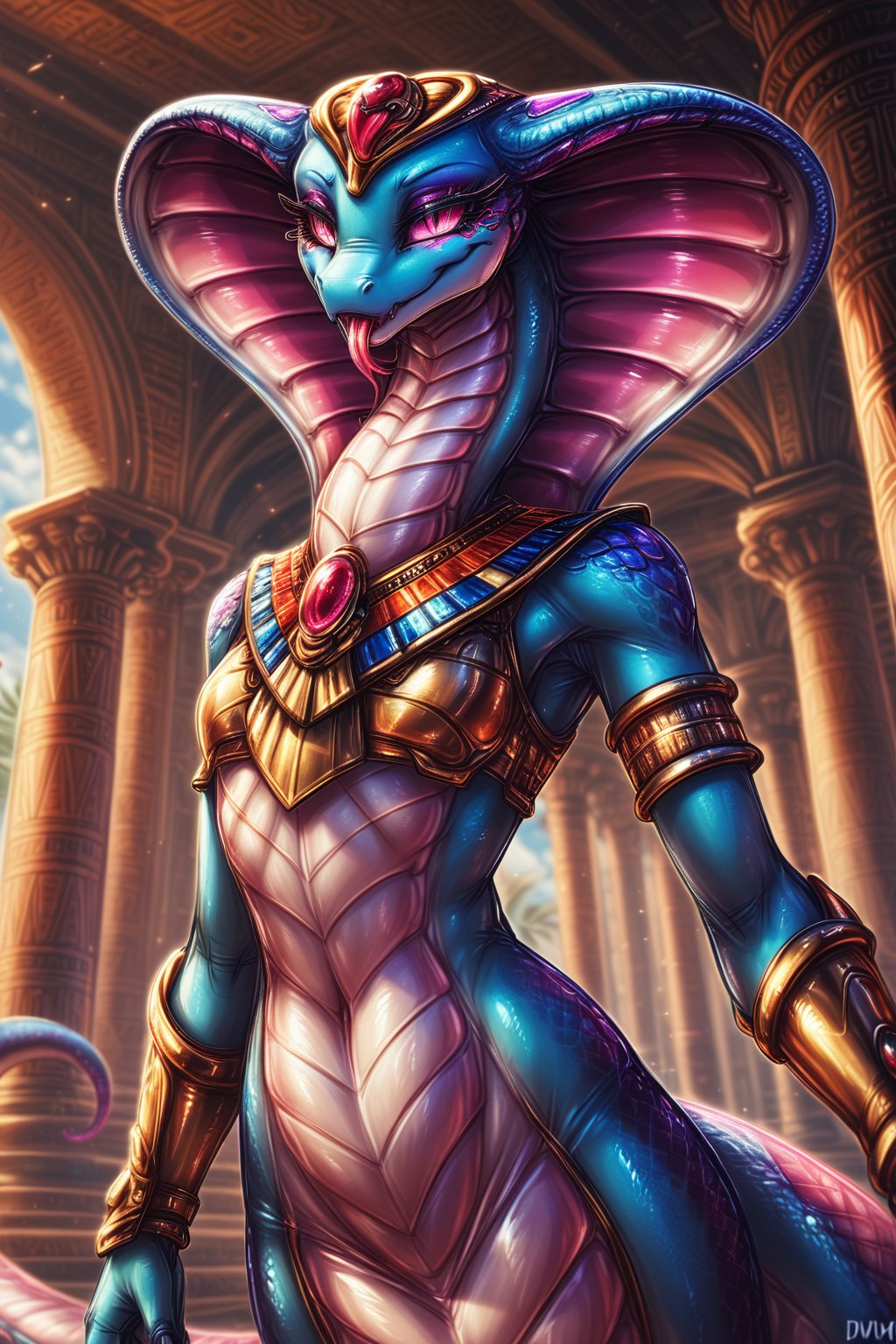 Score_9, Score_8_up, Score_7_up, volumetric_lighting, chiaroscuro_lighting, vibrant, portrait, ((naga, apode, legless)), snake, scalie, (egyptian, sly), slim_waist, flat_chest, ((expressive,  thick_eyelashes, detailed_expression, predatory_smile, teasing)), view_from_below, tongue_out, claws, by; minus8, by: teckworks, by: 0r0ch1, by: dimwitdog, 1girl, armor, jewelry, interior, intricate, 