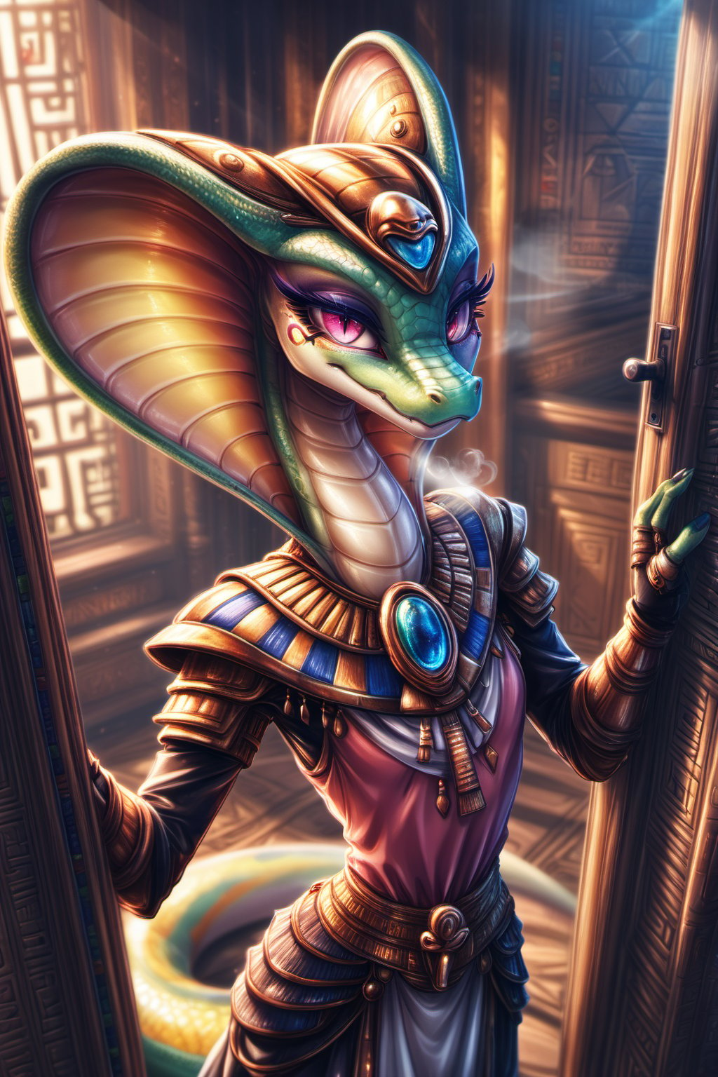 Score_9, Score_8_up, Score_7_up, volumetric_lighting, chiaroscuro_lighting, vibrant, portrait, ((naga, apode, legless)), snake, scalie, (egyptian, predatory_smile), slim_waist, flat_chest, ((expressive, thick_eyelashes, detailed_expression, teasing, blocking_the_door, steamy_breath)), view_from_above,pov,  by; minus8, by: teckworks, by: 0r0ch1, by: dimwitdog, 1girl, armor, jewelry, interior, intricate, 