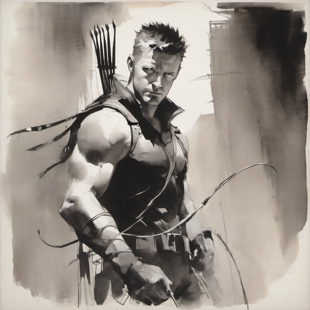 sketch, monochrome, Marvel Hawkeye, looking at the viewer ,